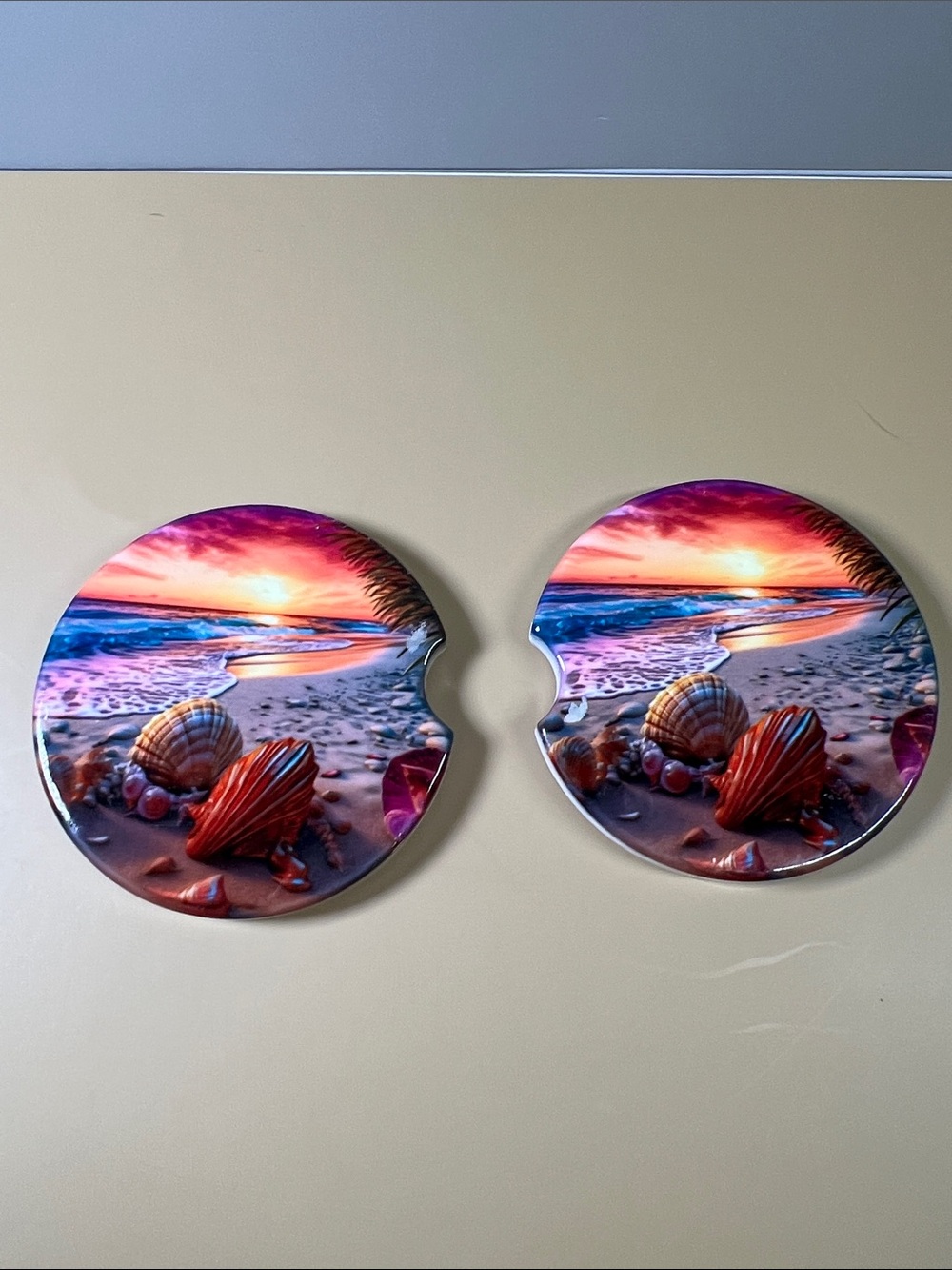 Hand Crafted Sunset Beach Shell Car Coaster Pair - Orange, Pink, Blue